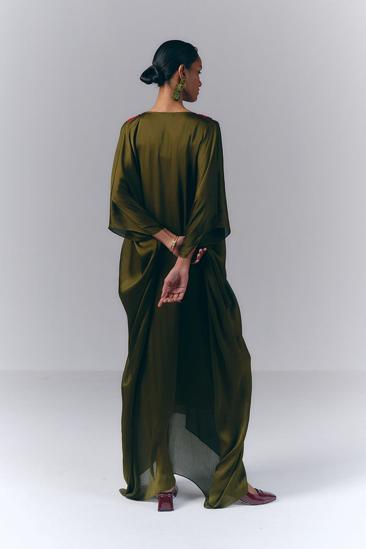 Green Embroidered Draped Kaftan|VARUN BAHL