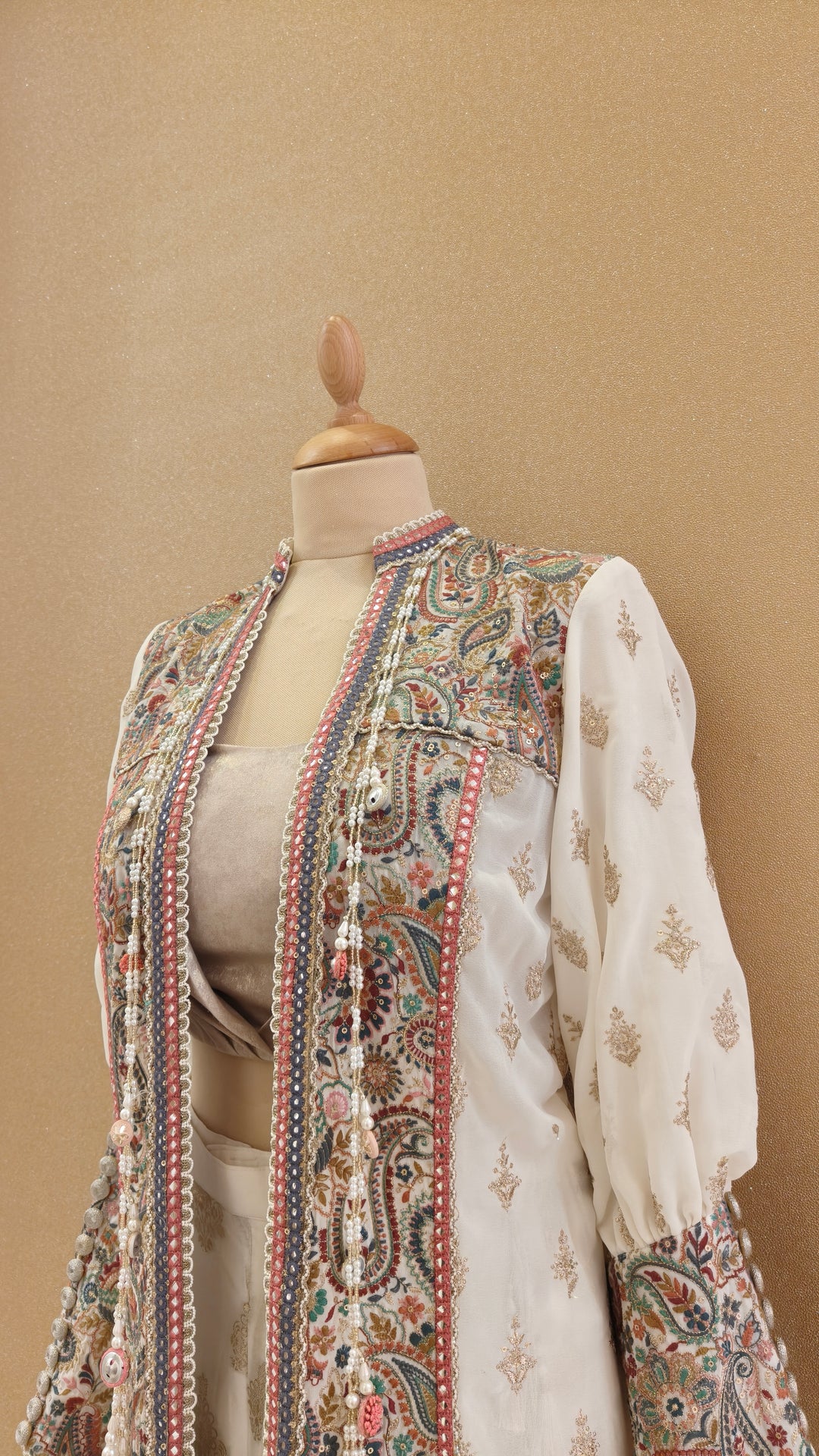 Pastel Threadwork Long Panelled Jacket with Inner Top & Sharara | Private Collection