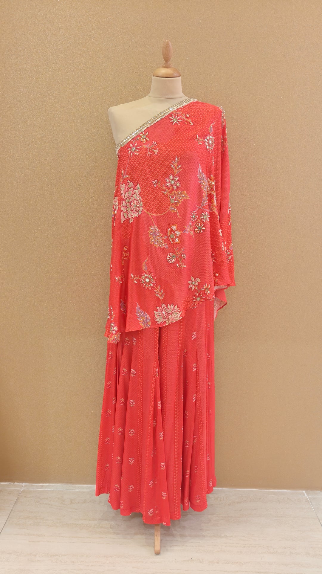 Coral-Pink Embellished Asymmetric Top with Matching Pants | SILK SAGA