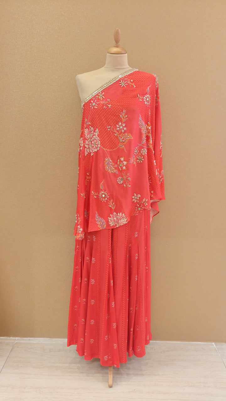 Coral-Pink Embellished Asymmetric Top with Matching Pants | SILK SAGA