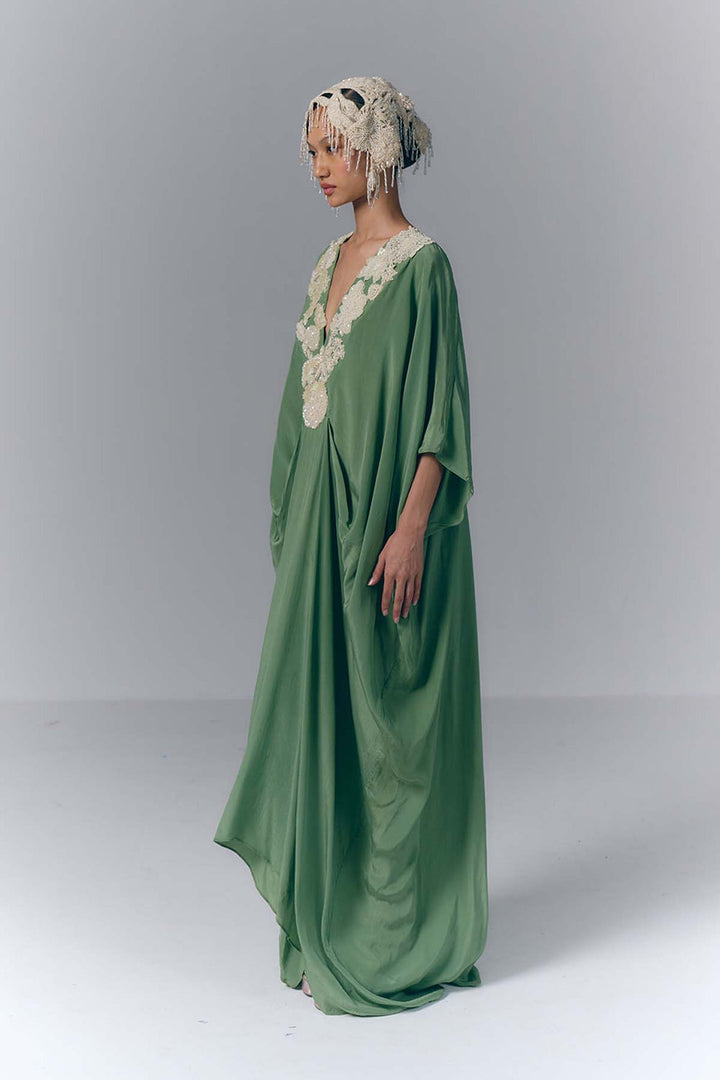 Sage Green Embroidered Draped Kaftan |VARUN BAHL