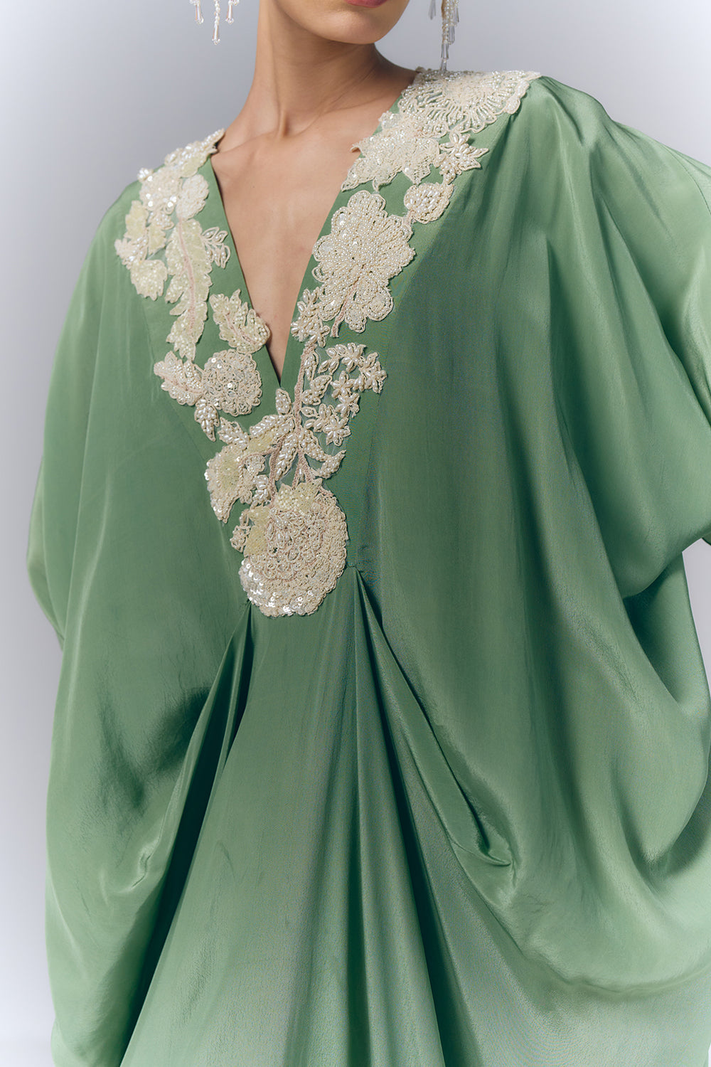 Sage Green Embroidered Draped Kaftan |VARUN BAHL