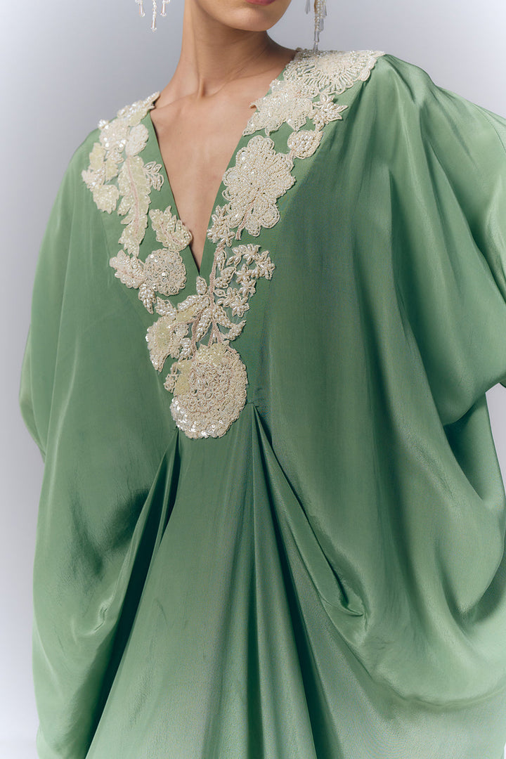 Sage Green Embroidered Draped Kaftan |VARUN BAHL