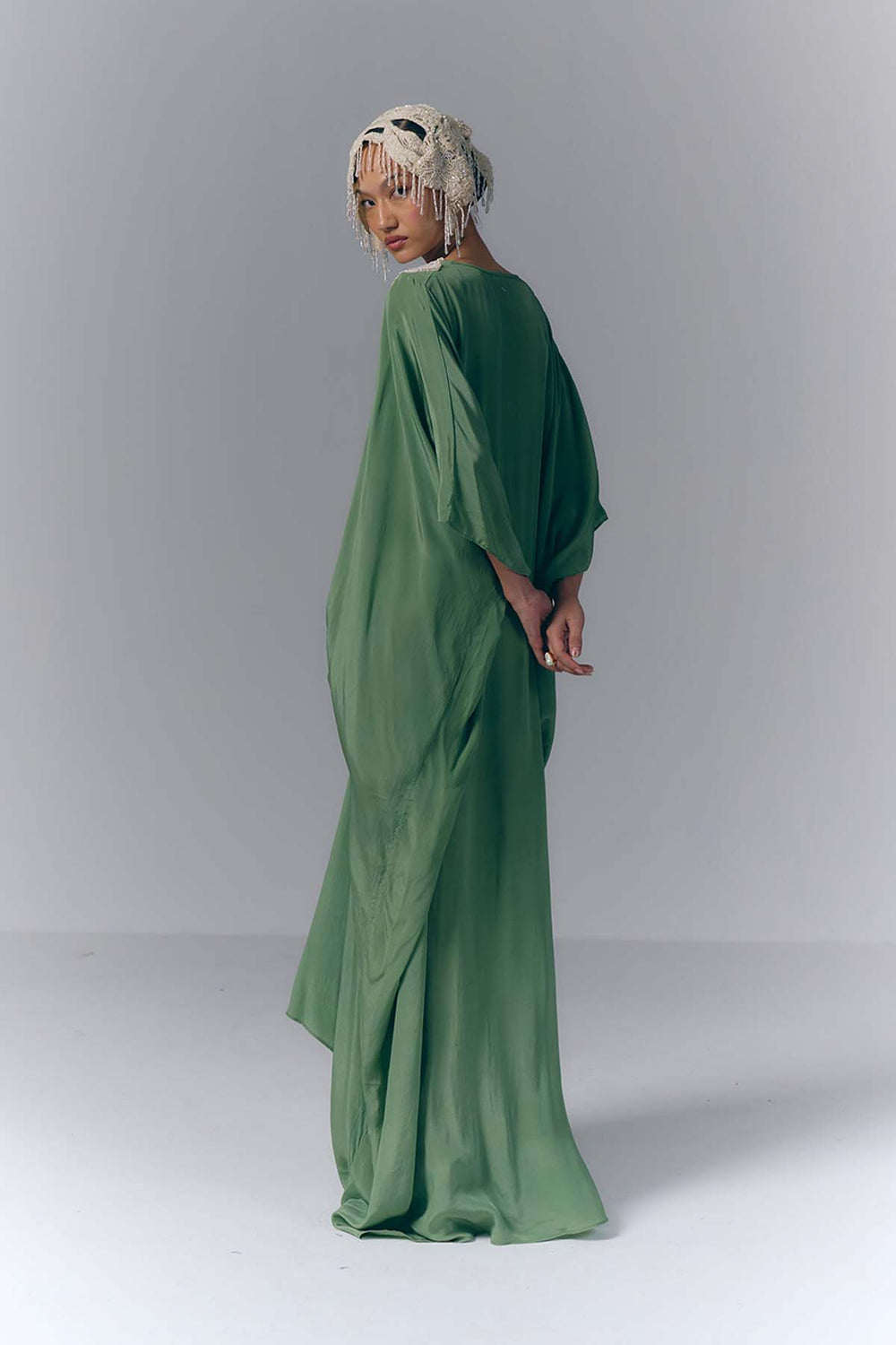 Sage Green Embroidered Draped Kaftan |VARUN BAHL