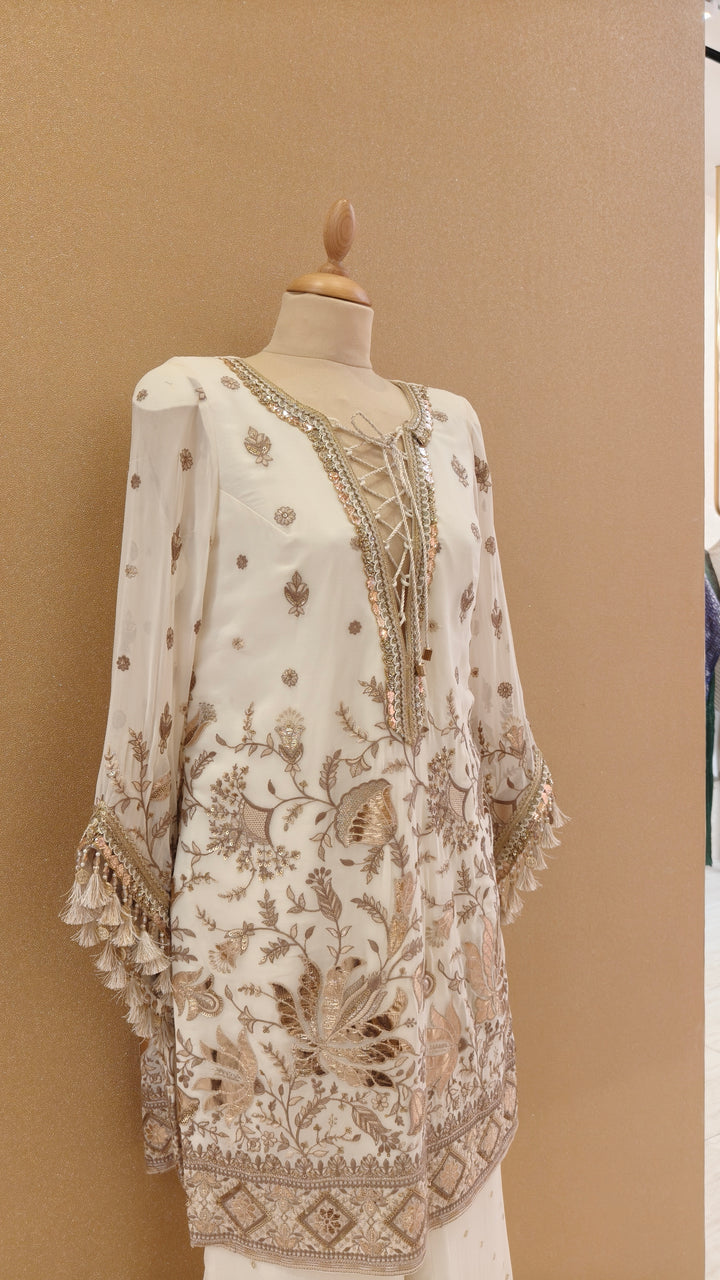 Cream Gota Kurta with Cream Dotted Bootleg Pants| Private Collection