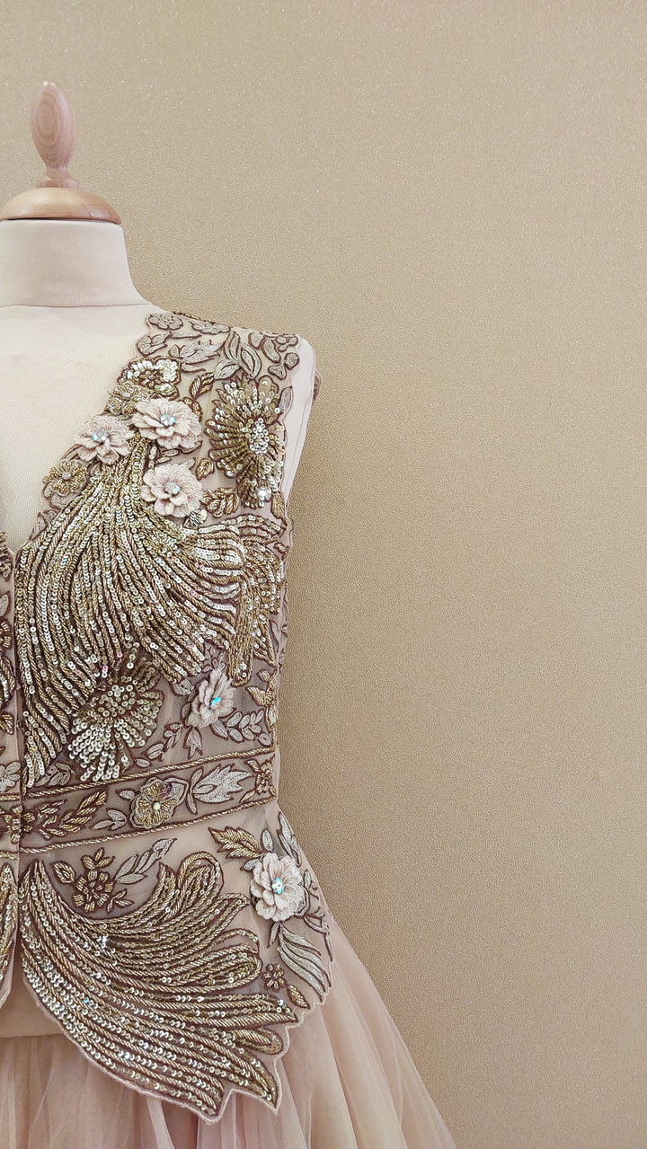 Champagne Gold Embroidered Peplum & Tiered Net Skirt Set|VARUN BAHL
