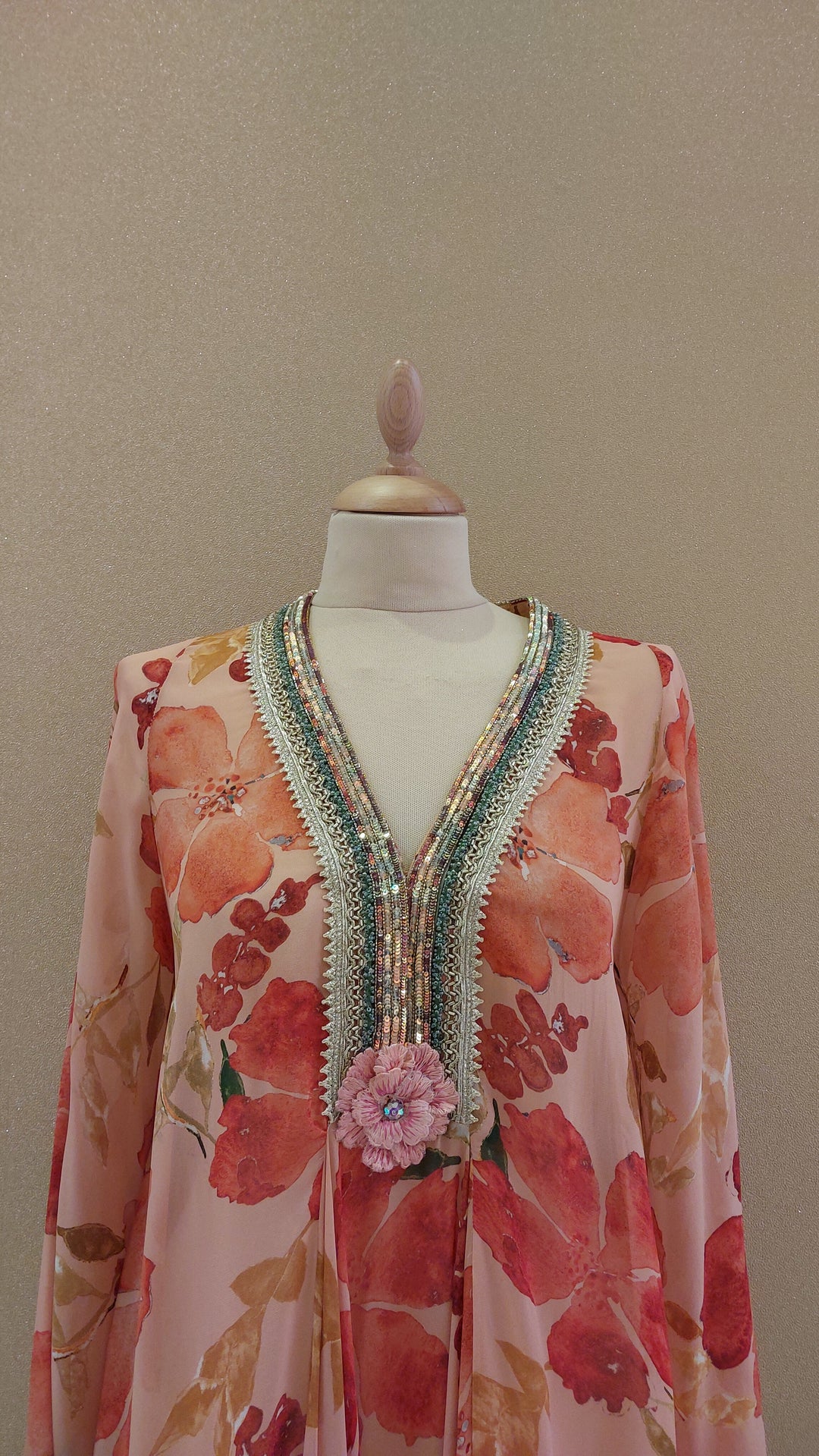 Peach Printed Front-Open Kaftan Set | VARUN BAHL