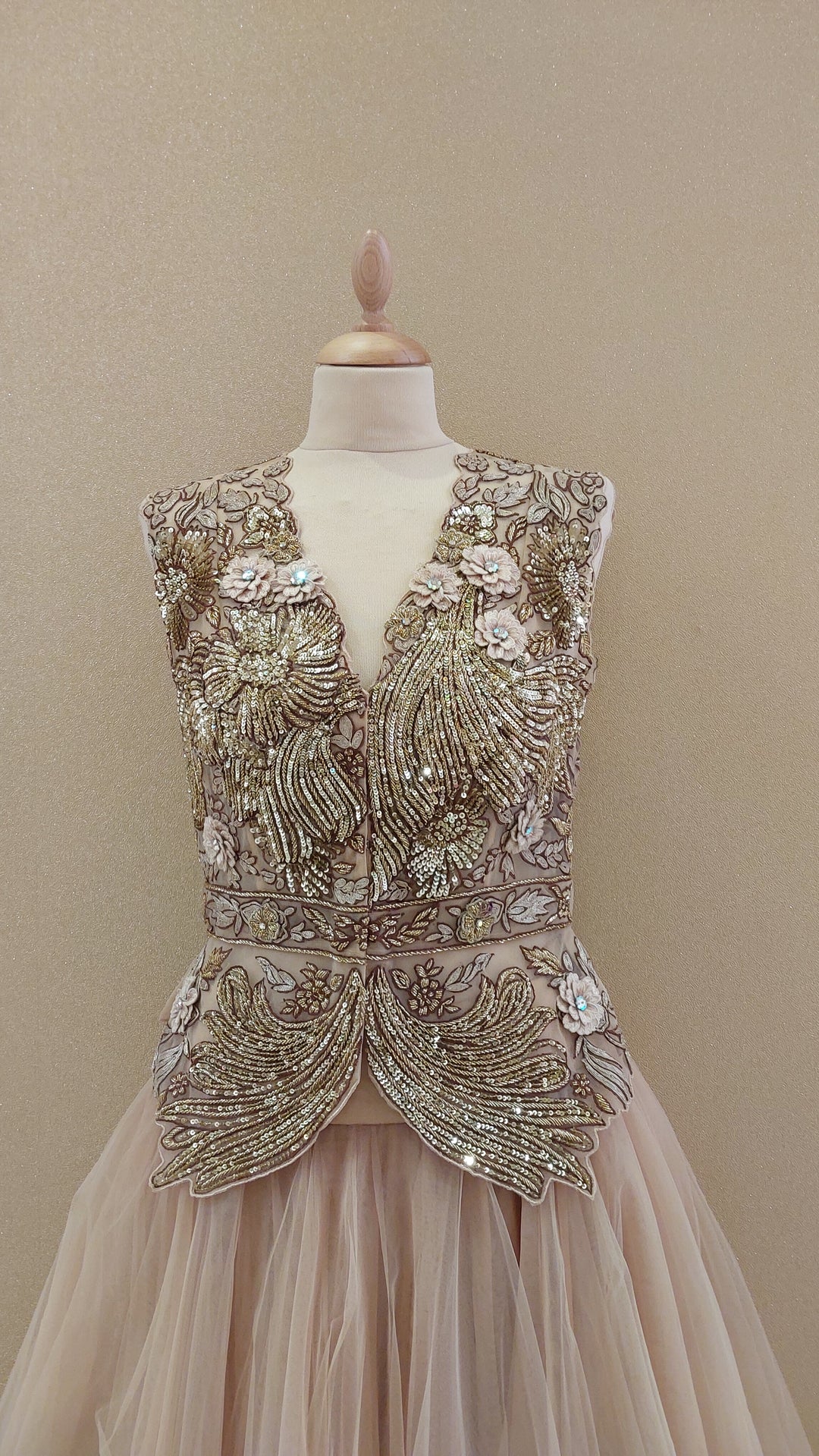 Champagne Gold Embroidered Peplum & Tiered Net Skirt Set|VARUN BAHL