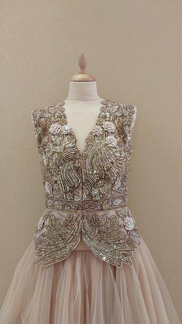 Champagne Gold Embroidered Peplum & Tiered Net Skirt Set|VARUN BAHL