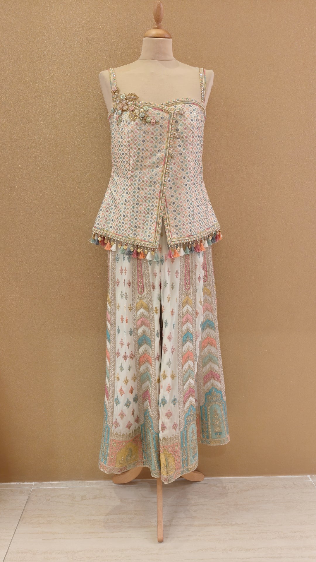 Cream Pastel 4-Button Top & Kali Sharara Set| Private Collection