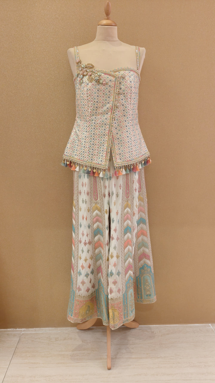 Cream Pastel 4-Button Top & Kali Sharara Set| Private Collection