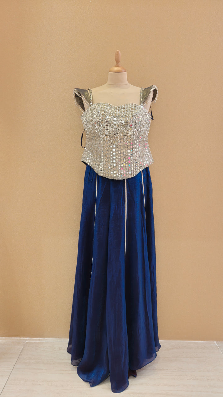 Royal Blue Embellished Corset Top with Pants| AURAROZE