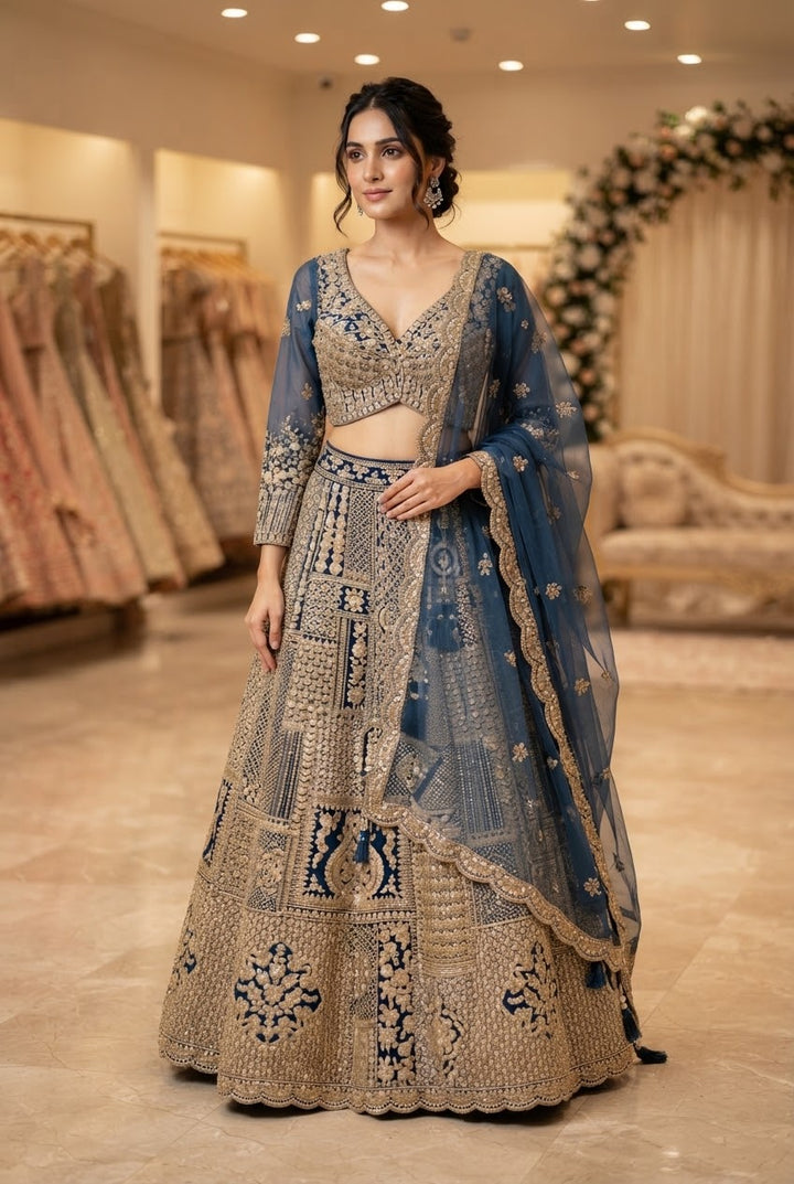 Shagun Dusty Blue Lehenga Set with Mirror-work | Inaayat by Divya Taimni