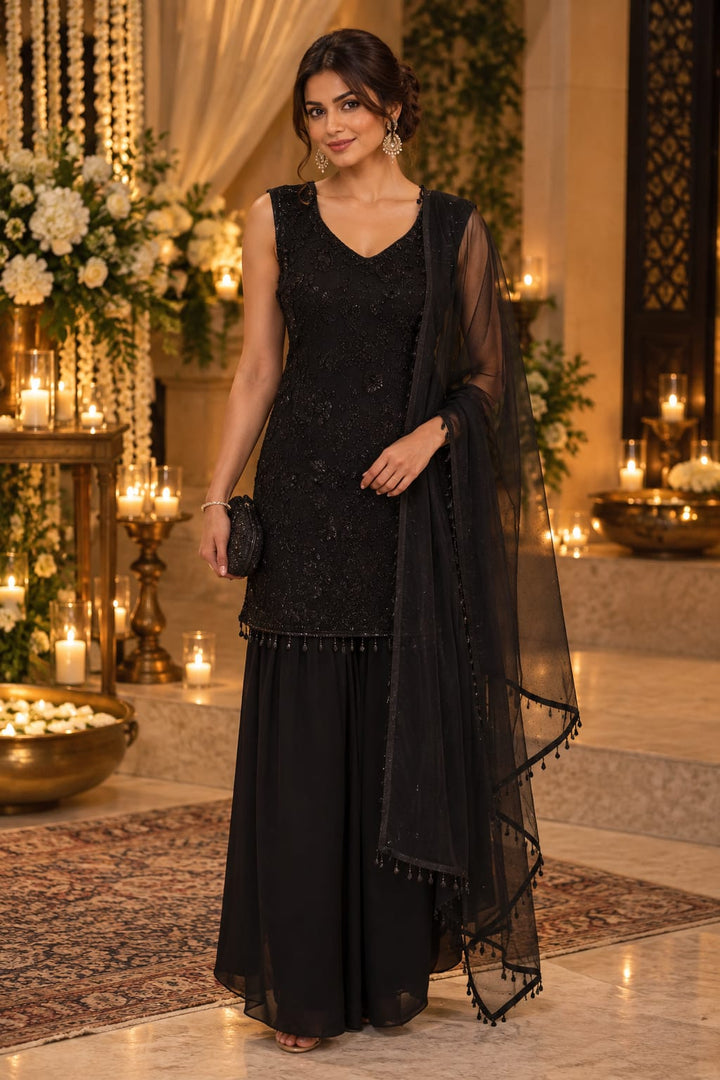 Elegant Black Embellished Kurti with Sharara and Dupatta| Maya Chabra