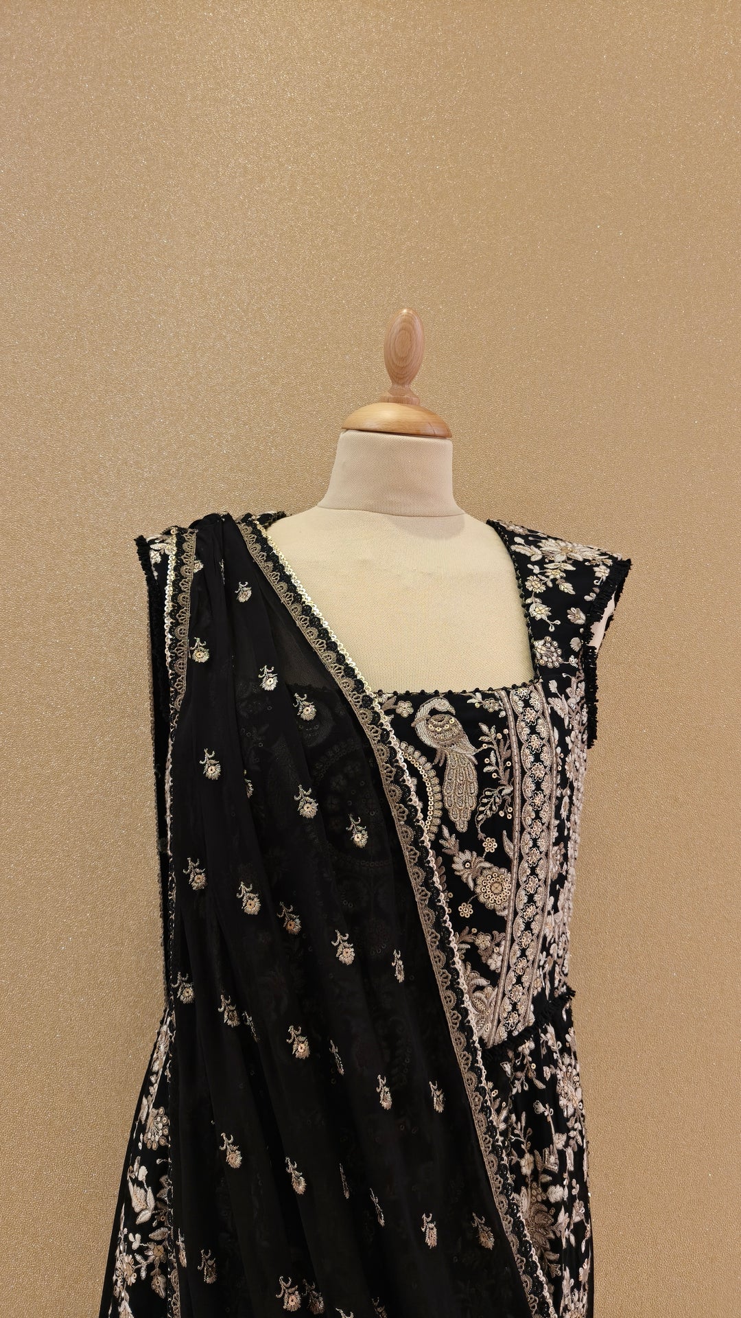 Black & Beige thread embroidered corsetted kurta with georgette drape & slim slit pants| Private Collection