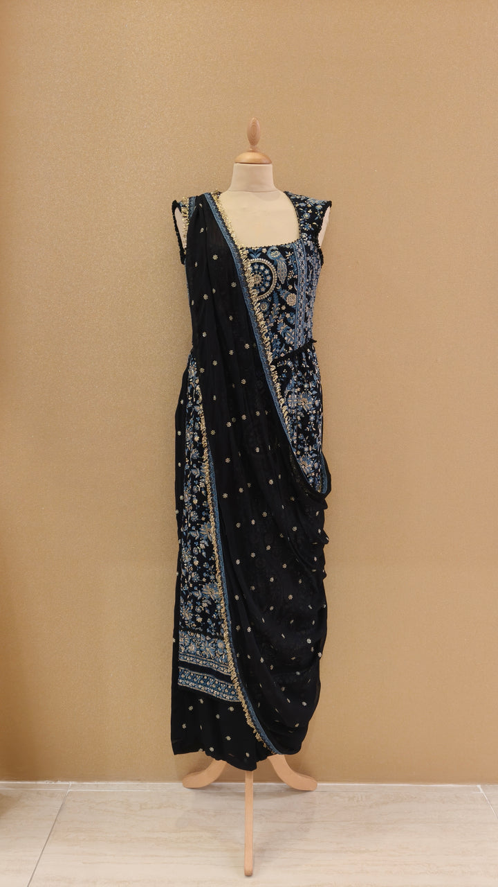 Blue & Beige thread embroidered corsetted kurta with georgette drape & slim slit pants| Private Collection
