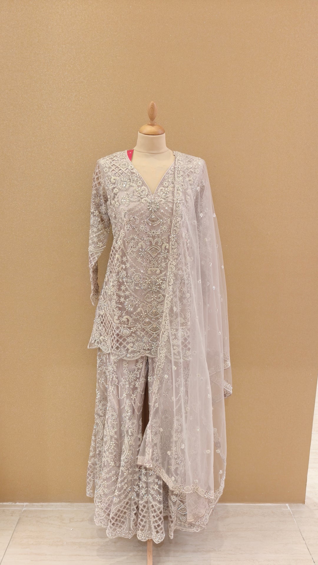 Lilac Net Embroidered Sharara Set| Maya Chabra