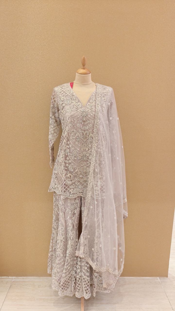 Lilac Net Embroidered Sharara Set| Maya Chabra