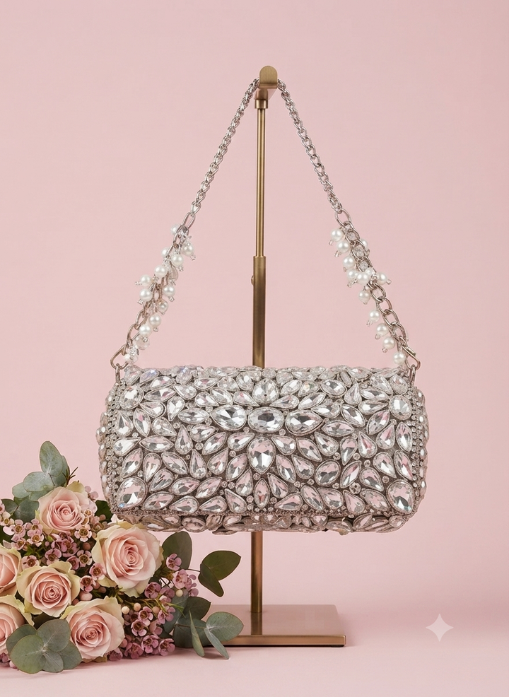 Radiant Crystal & Pearl Embellished Cylinder Clutch | Al Falah