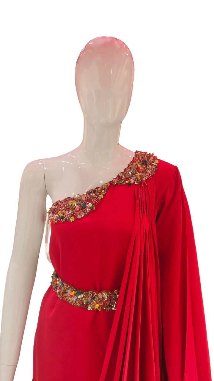 Red Embellished One-Shoulder Asymmetric Gown with Matching Belt | Label Pramila