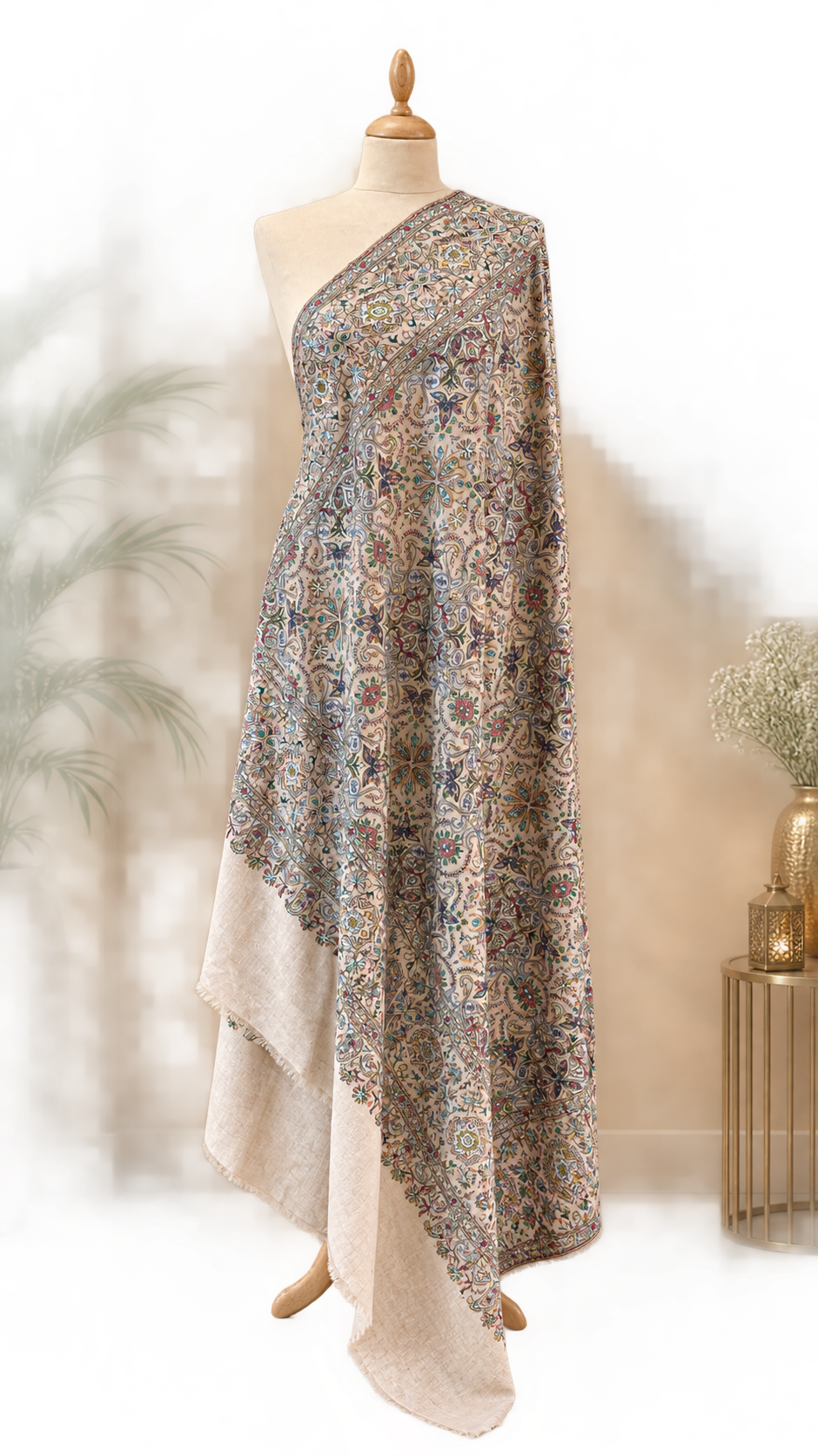 Beige Hand-Embroidered Kashmiri Soojni Shawl|House Of Inaayat