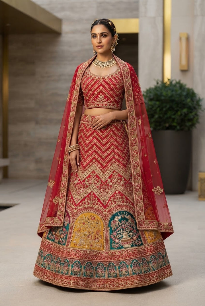 Shagun Bridal Red Bridal  and Gold Mughal Lehenga (Unstitched) | Inaayat by Divya Taimni