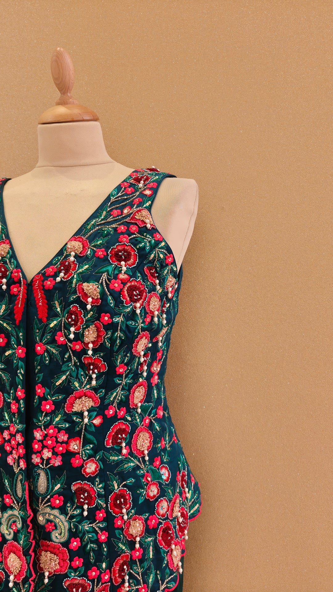 Dark Green Embellished Peplum Top with Drape Skirt| AURAROZE