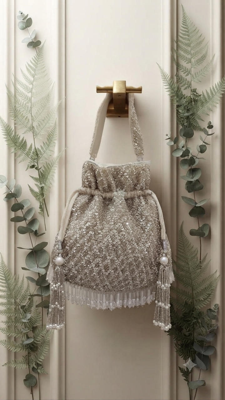 Silver Sequin & Pearl Handcrafted Potli Bag | Al Falah