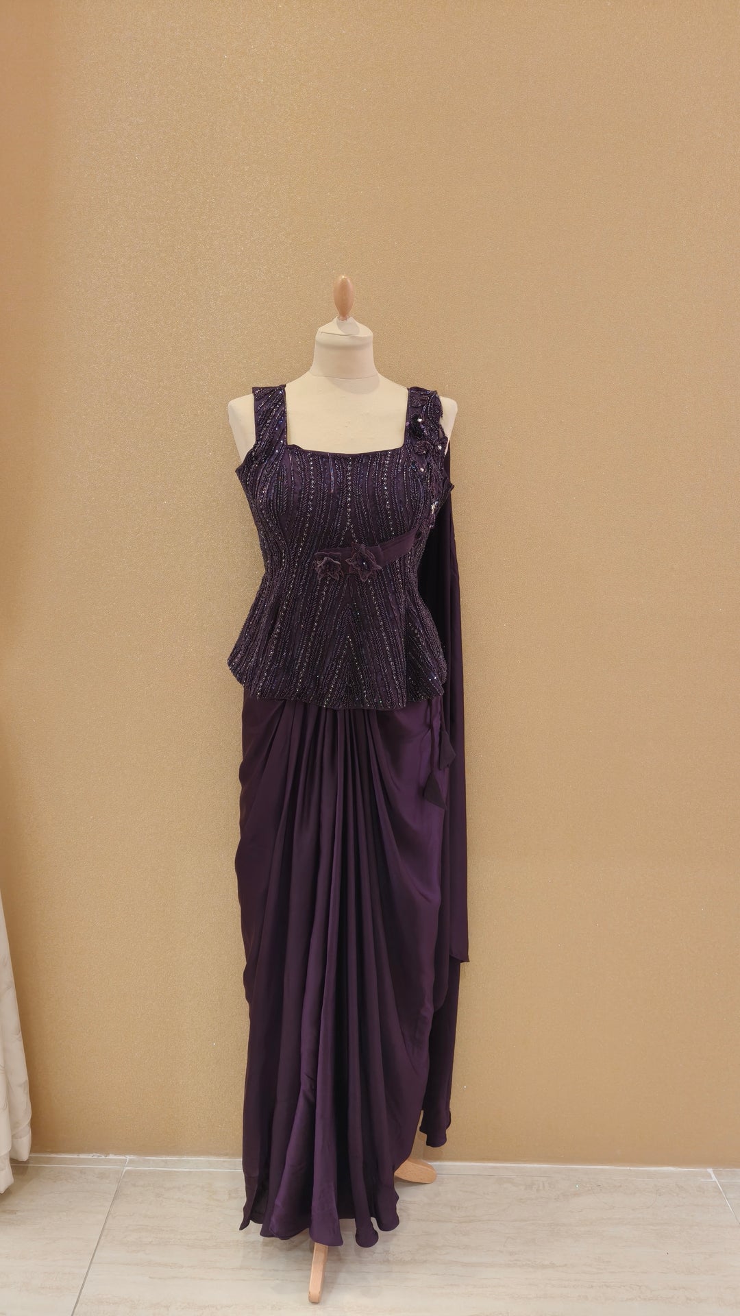 Deep Plum Peplum Blouse and Draped Saree Set | Maya Chabra