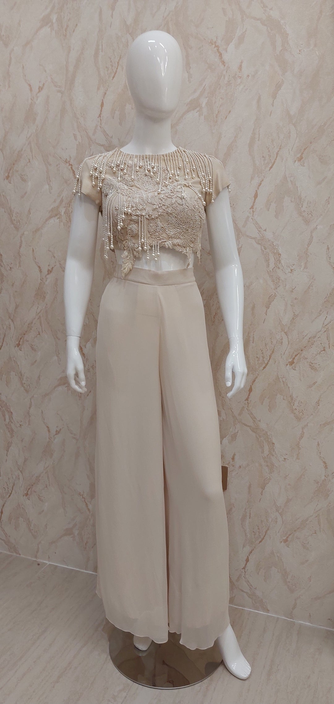 Nude Beige Pearl-Embellished Top & Flared Pants with Cape |VARUN BAHL