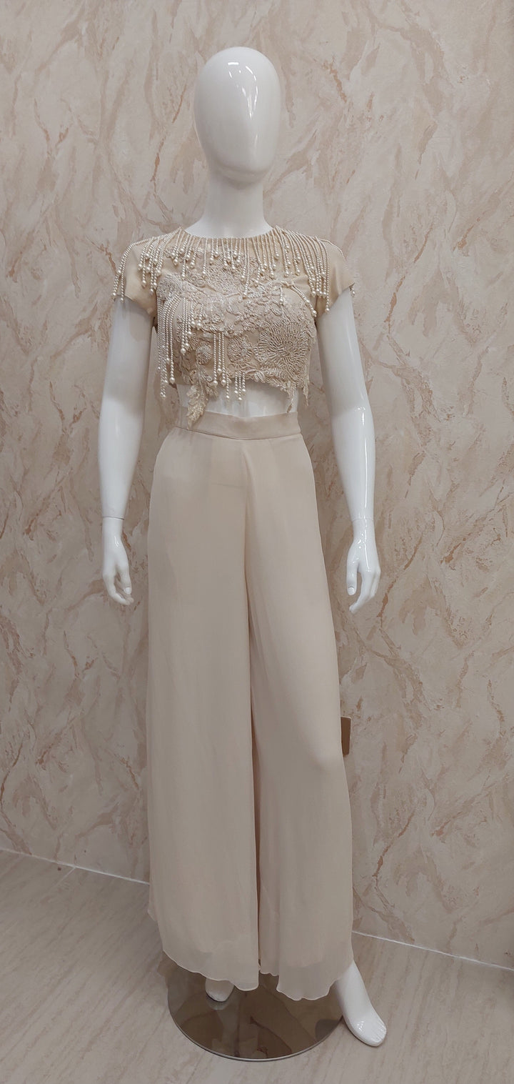 Nude Beige Pearl-Embellished Top & Flared Pants with Cape |VARUN BAHL