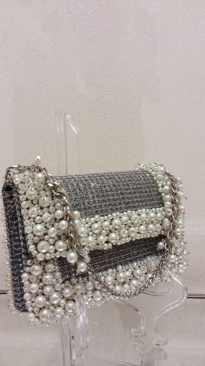 Shimmering Tweed & Pearl Embellished Evening Bag| Al Falah