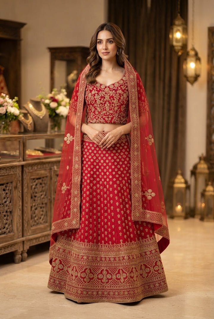 Shagun Red and Gold Velvet and Net Lehenga (Unstitched) | Inaayat by Divya Taimni
