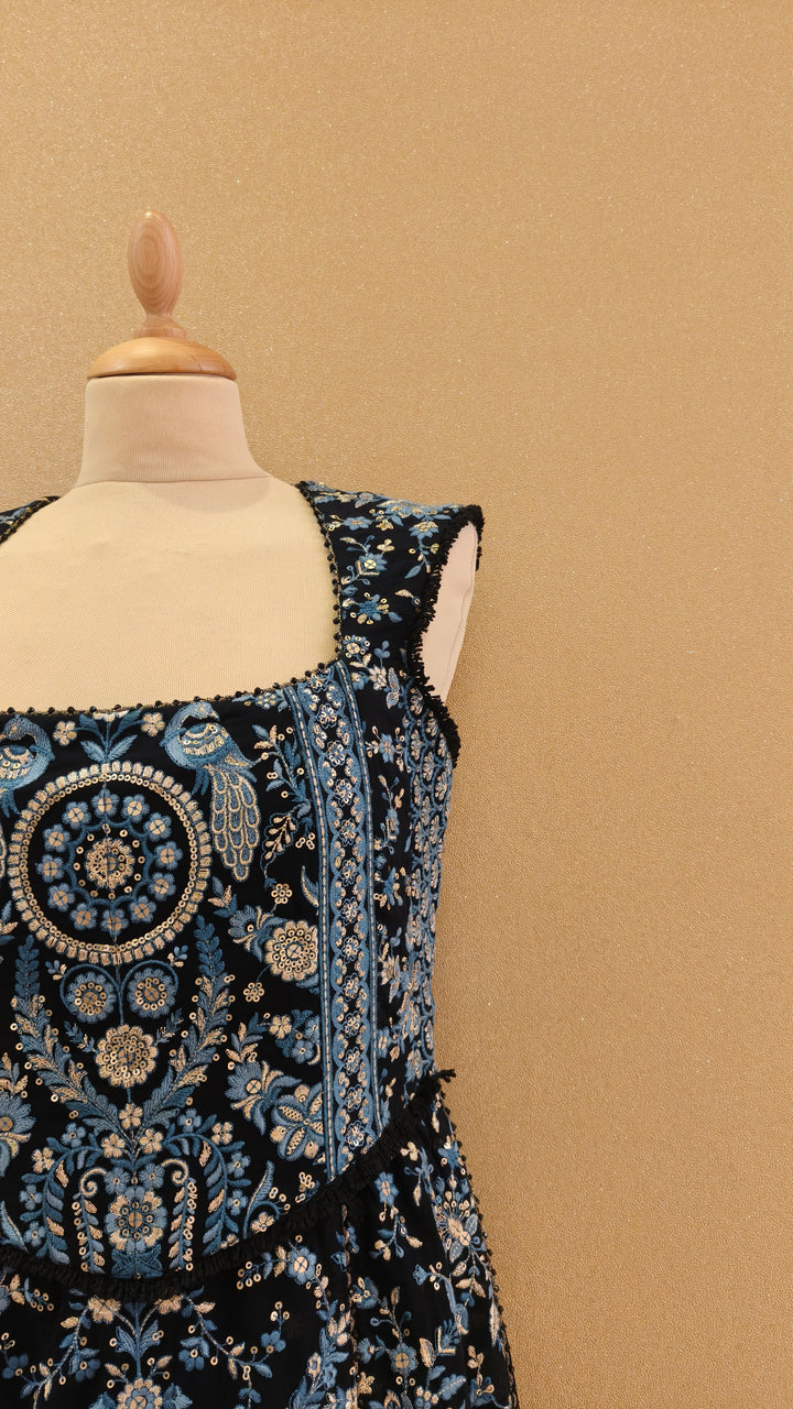 Blue & Beige thread embroidered corsetted kurta with georgette drape & slim slit pants| Private Collection