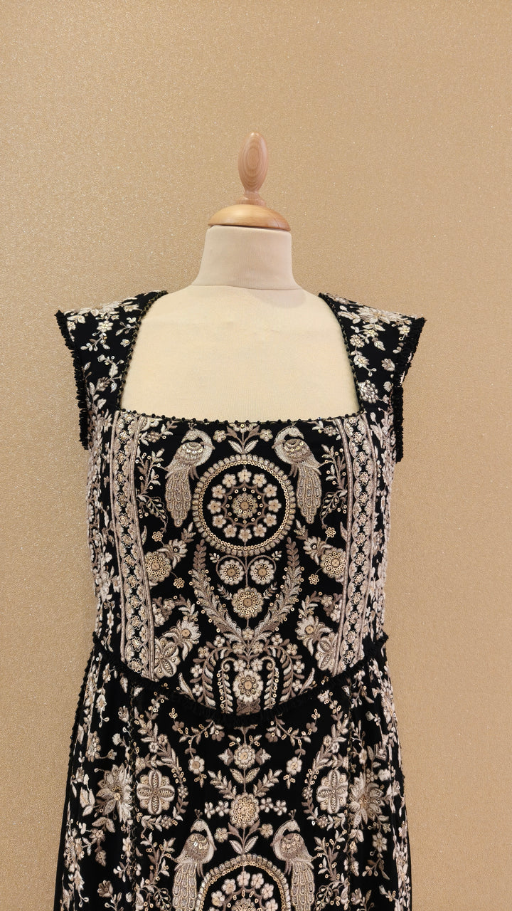 Black & Beige thread embroidered corsetted kurta with georgette drape & slim slit pants| Private Collection