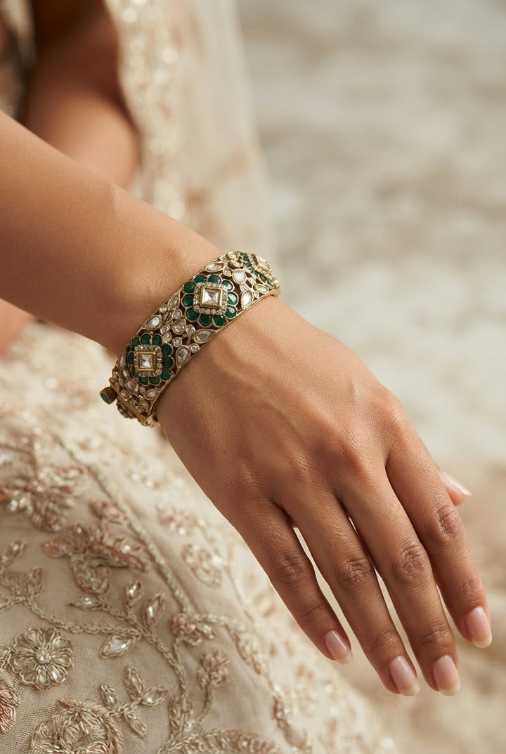 Royal Polki & Emerald Hinged Bangle|Vivinia by Vidhi Mehra