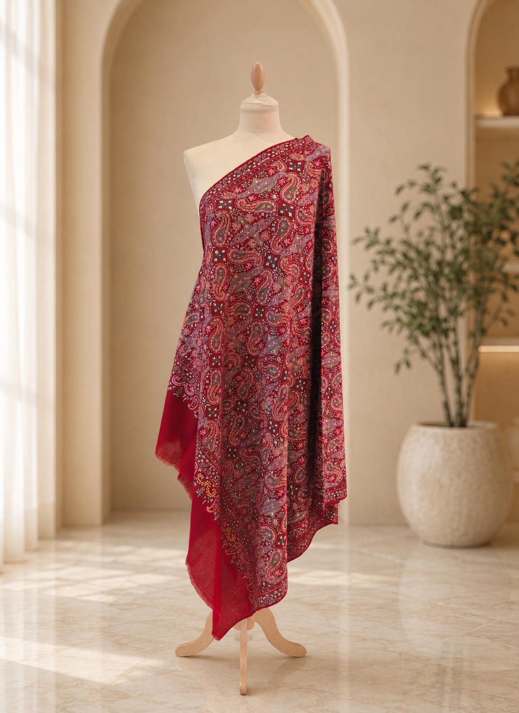 Royal Crimson Sozni Hand-Embroidered Jamawar Shawl|House Of Inaayat
