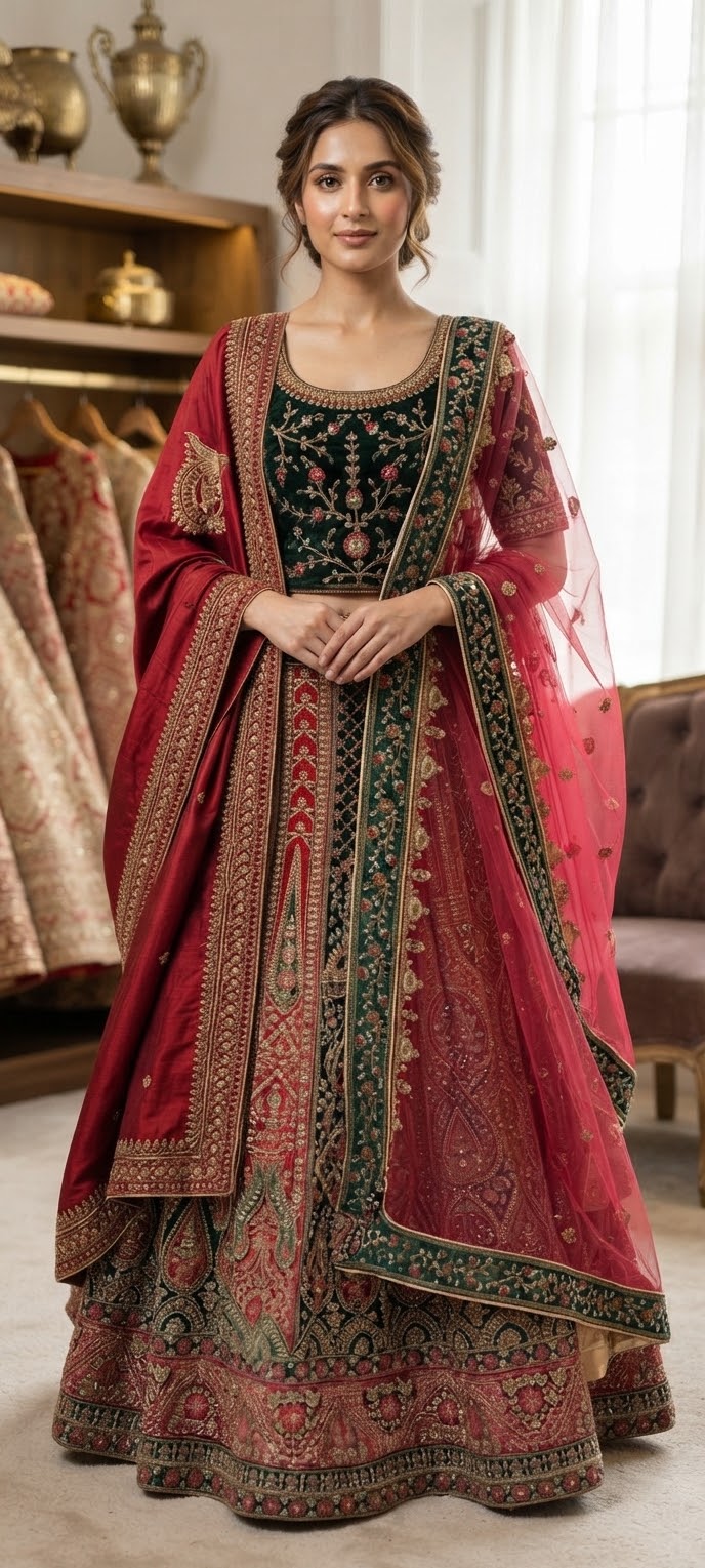 Emerald and Ruby Velvet Heritage Lehenga Set | Inaayat by Divya Taimni
