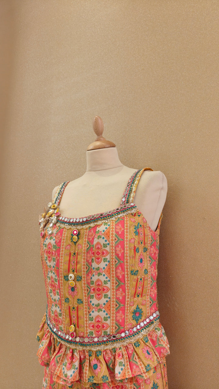 Yellow Printed Frill Top & Straight Pants Set| Private Collection