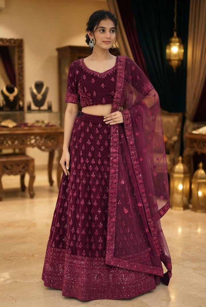 Amani Wine Monochromatic Satin and Net Lehenga Set (Unstitched)| Inaayat by Divya Taimni
