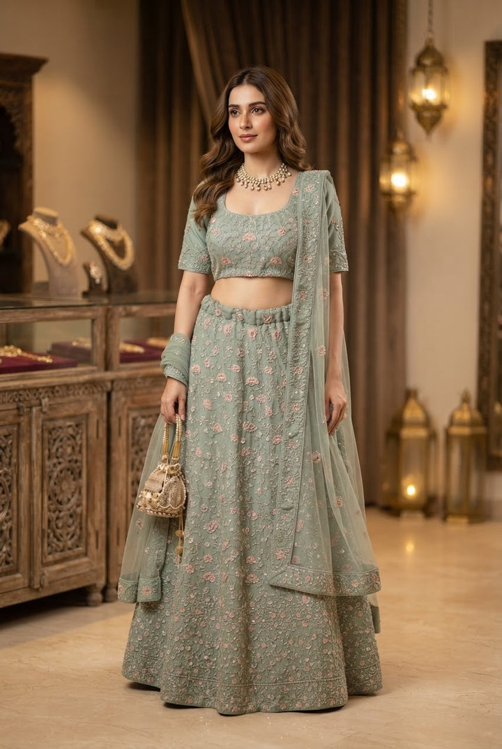 Shagun Sage Green Net Lehenga Set | Inaayat by Divya Taimni