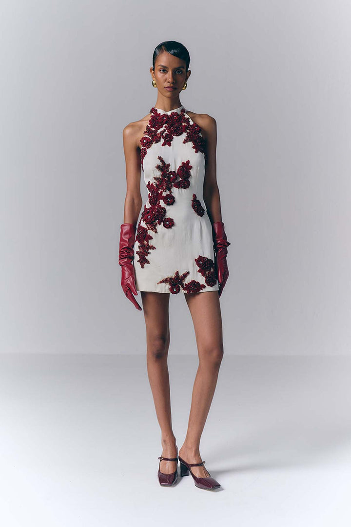 Crimson Bloom Mini Dress|VARUN BAHL
