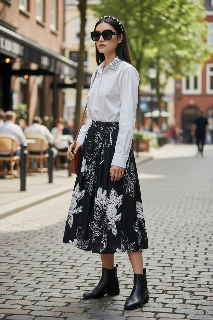 White Shirt & Black Floral Skirt Set|VARUN BAHL