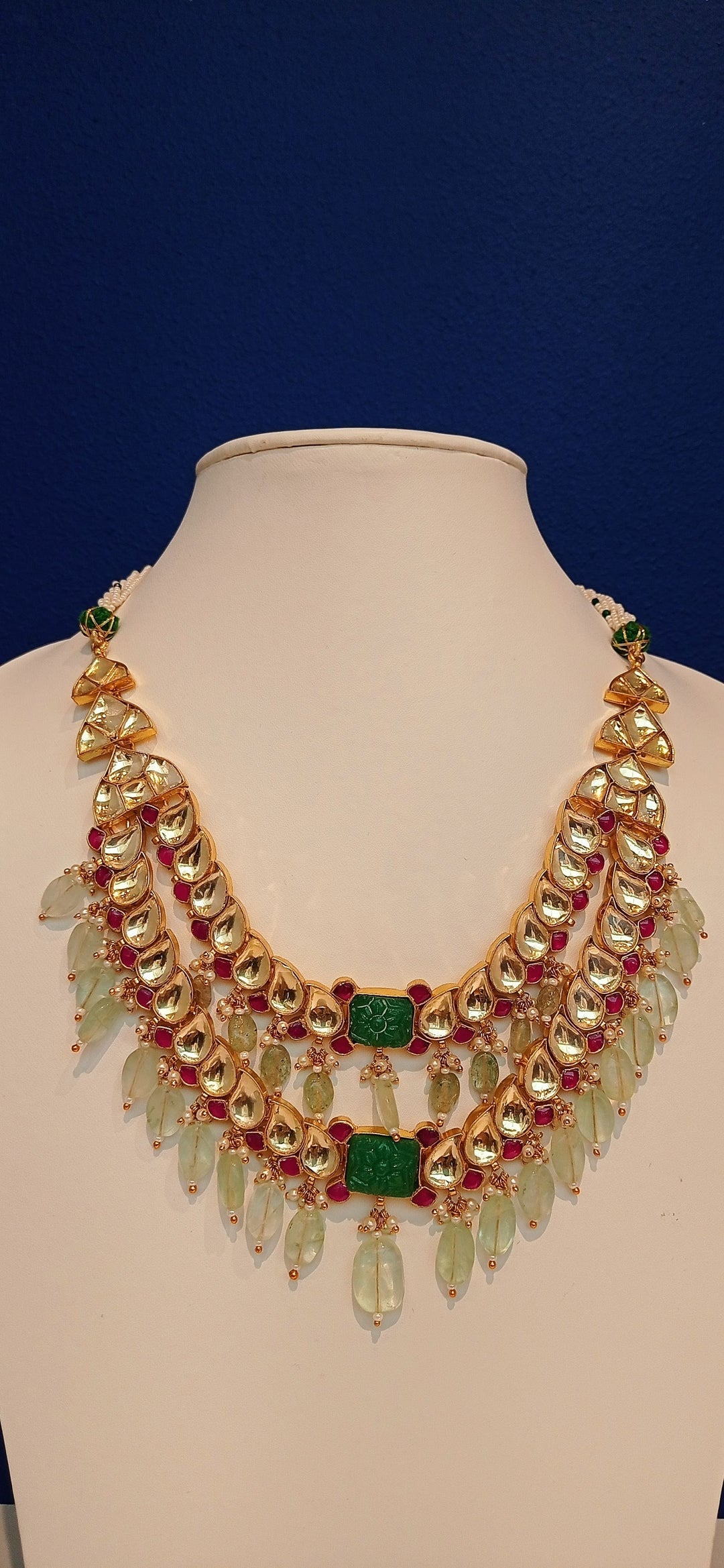 Kavya Double-Strand Kundan Polki Diamond, Ruby Red and Jade Green Necklace and Earrings Set|Inaayat by Divya Taimni