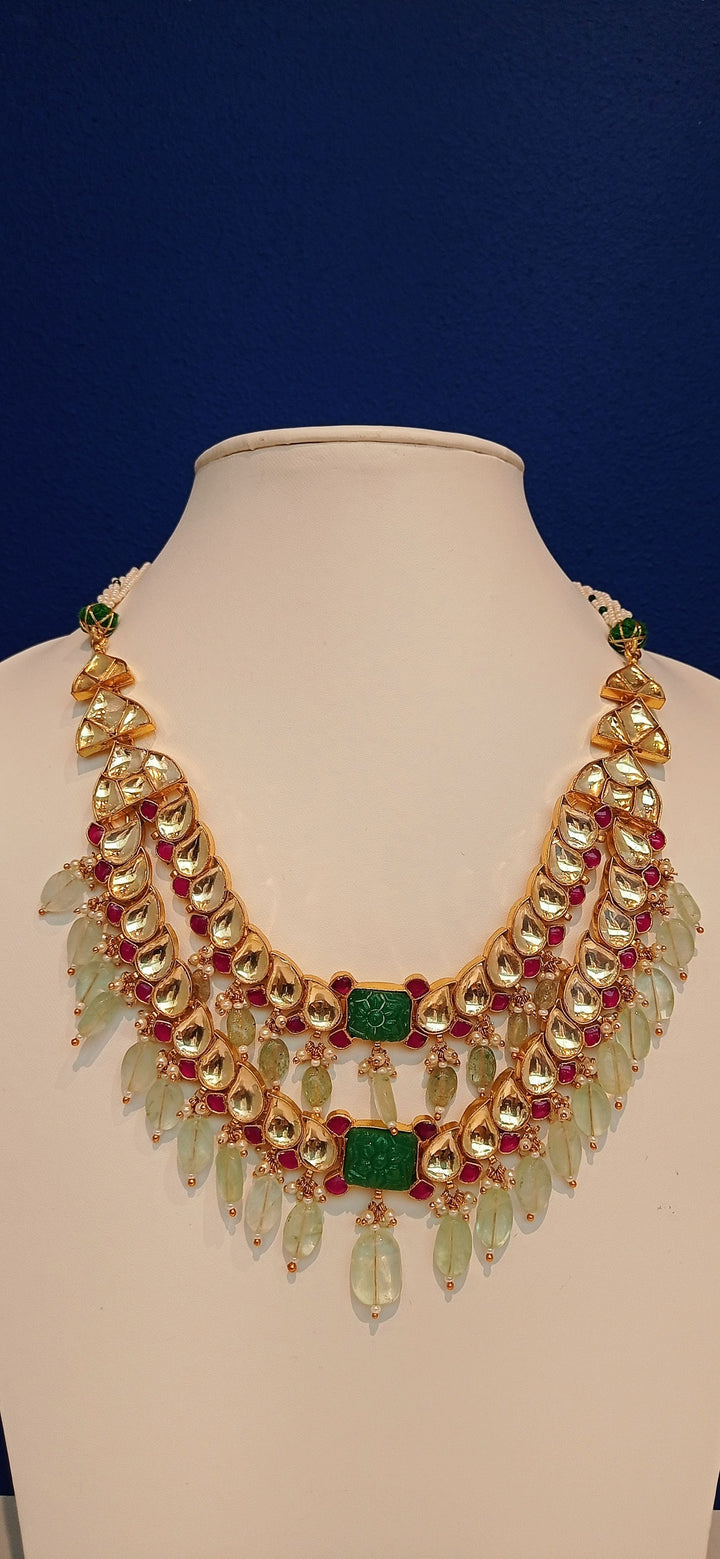 Kavya Double-Strand Kundan Polki Diamond, Ruby Red and Jade Green Necklace and Earrings Set|Inaayat by Divya Taimni