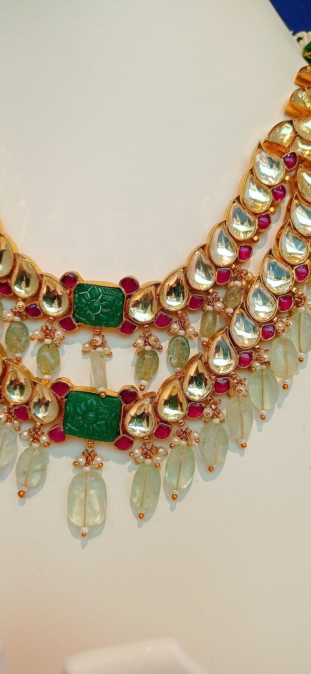 Kavya Double-Strand Kundan Polki Diamond, Ruby Red and Jade Green Necklace and Earrings Set|Inaayat by Divya Taimni