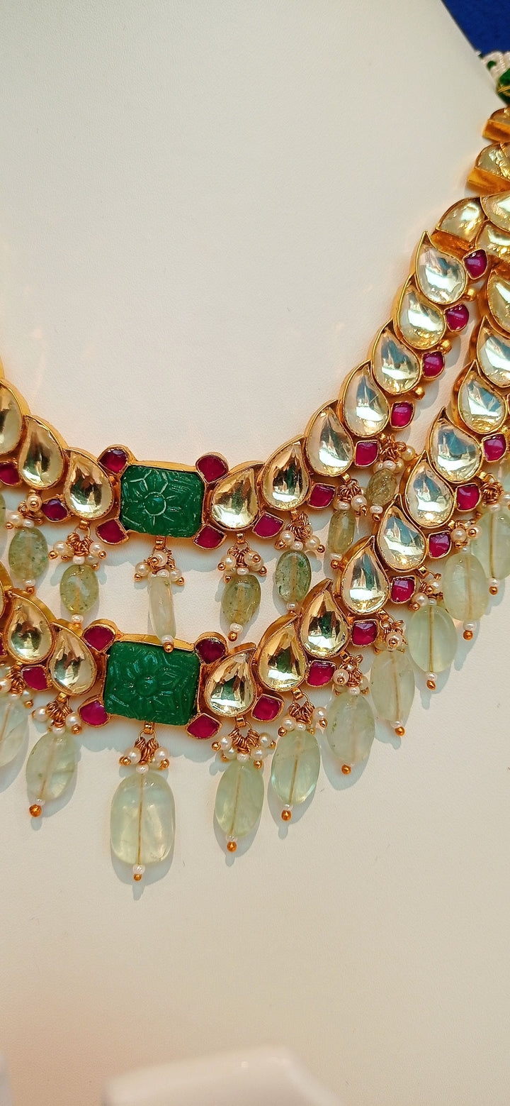 Kavya Double-Strand Kundan Polki Diamond, Ruby Red and Jade Green Necklace and Earrings Set|Inaayat by Divya Taimni