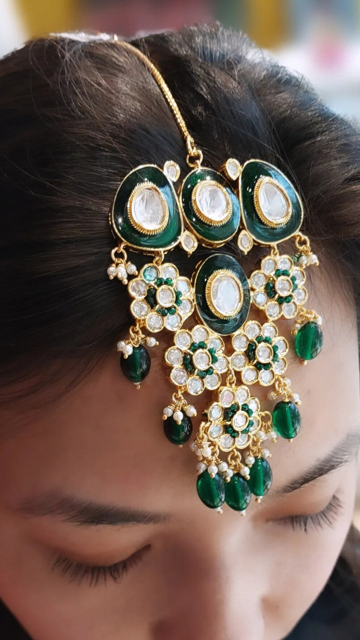 Freyana Art Deco Large Emerald, Polki Round Diamonds and Gold Kundan Mang Teeka