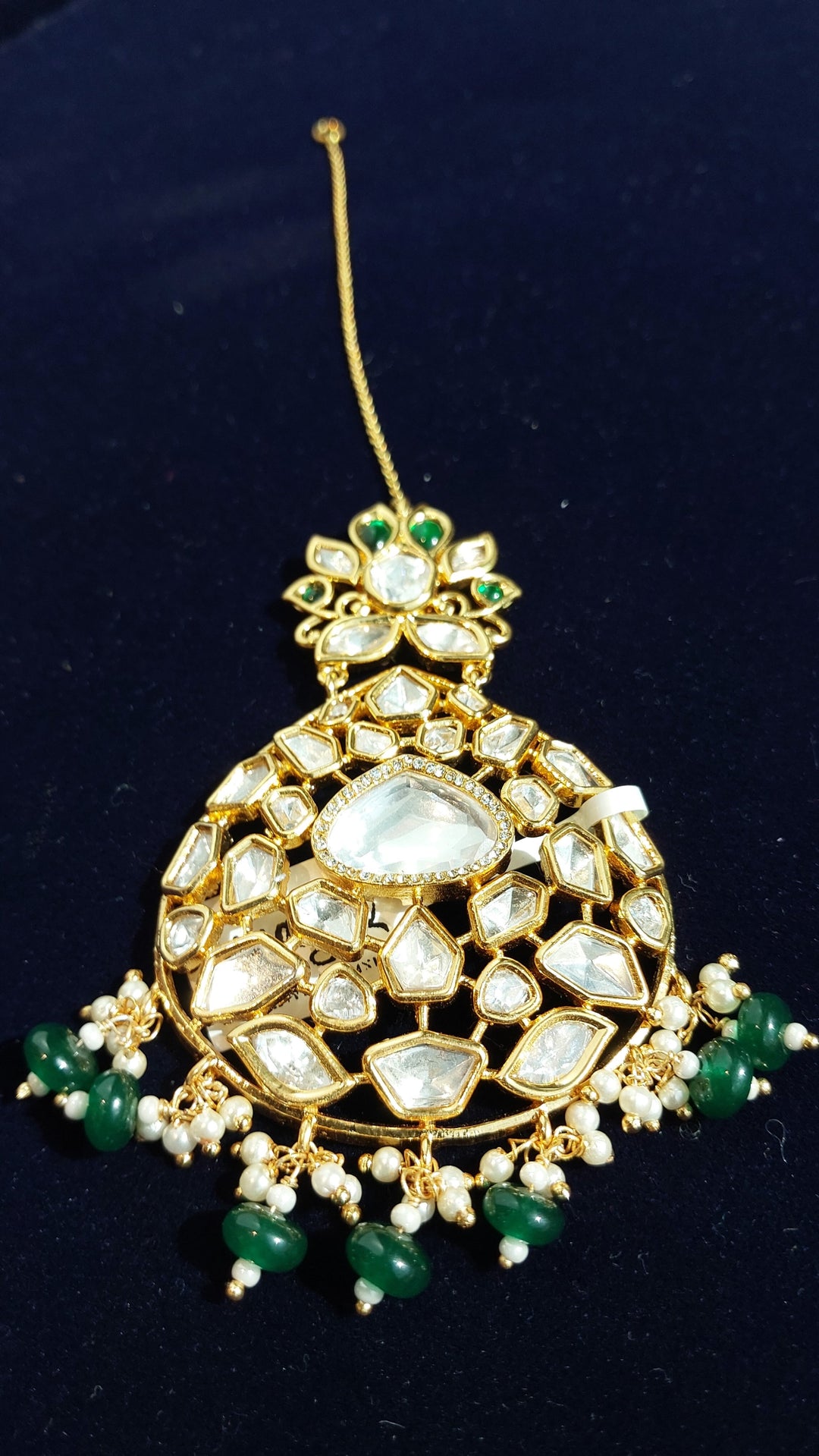 Sara Emerald and Gold Polki Diamond Kundan Maang Tikka|Inaayat by Divya Taimni