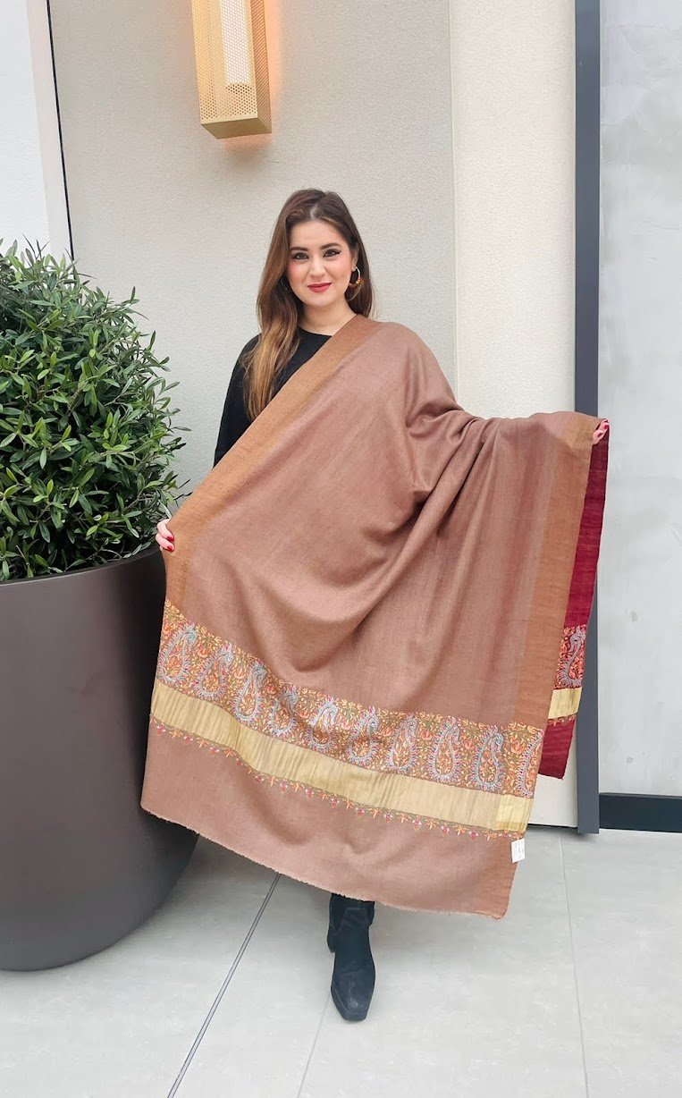 Benazir Red and Beige Reversible Pashmina Shawl | House of Inaayat